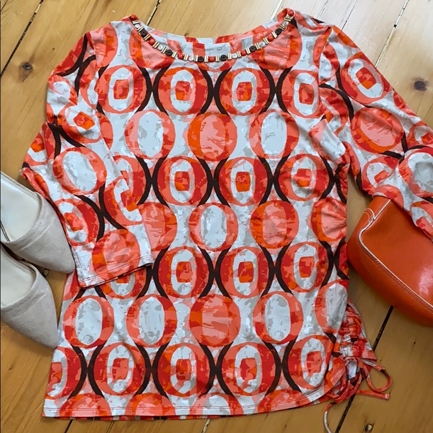 Ruby Red, Patterned Top, Side Ruching.